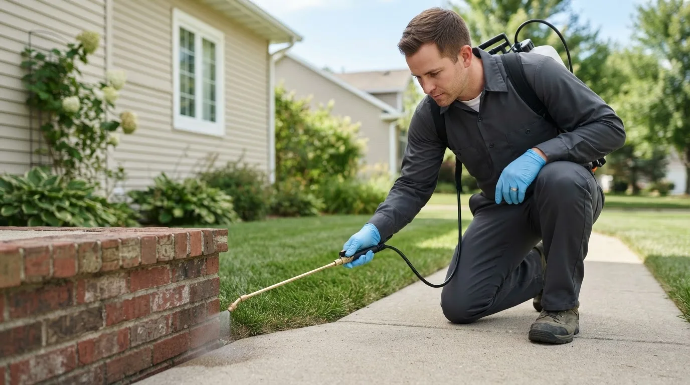 Pest control technician treating a home near Chelsea, MI