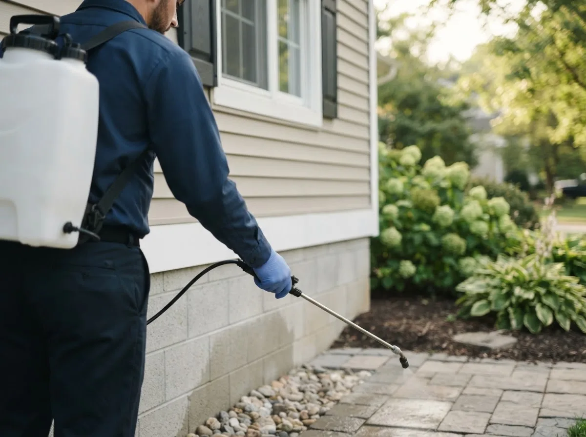 Pest control technician inspecting a home in Chelsea, MI